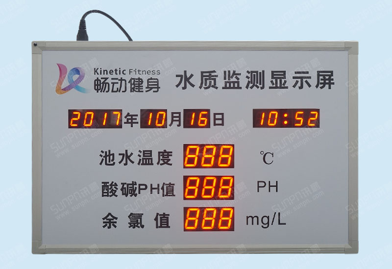 游泳館水質(zhì)實時監(jiān)測系統(tǒng)LED顯示屏-池水溫度酸堿度余氯ph值ORP高精度傳感器采集儀